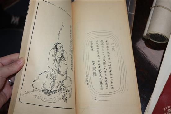 Six Chinese woodblock printed books, two printed calligraphic scrolls and a book on Chinese art